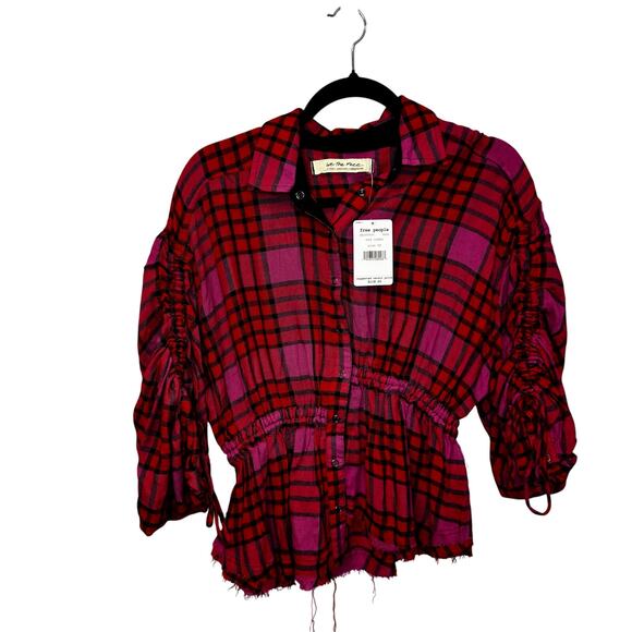 NWT Free People Red Pink Plaid Drawstring Sleeve Button Down Top Womens X-Small - Picture 2 of 6